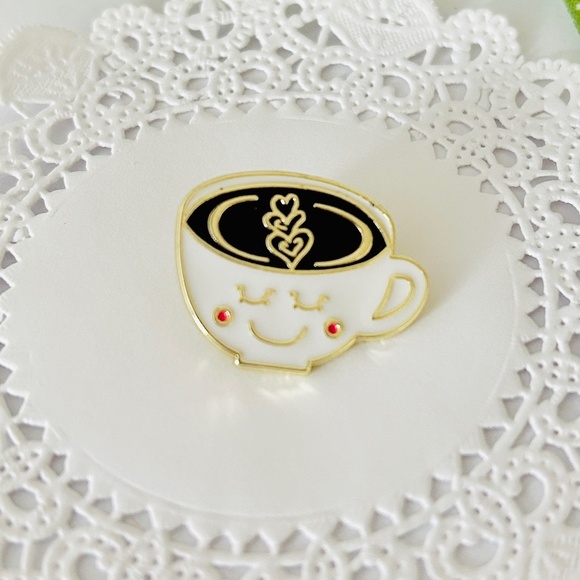 Jewelry - Smiling Cappuccino Cup Coffee Enamel and Metal Pin